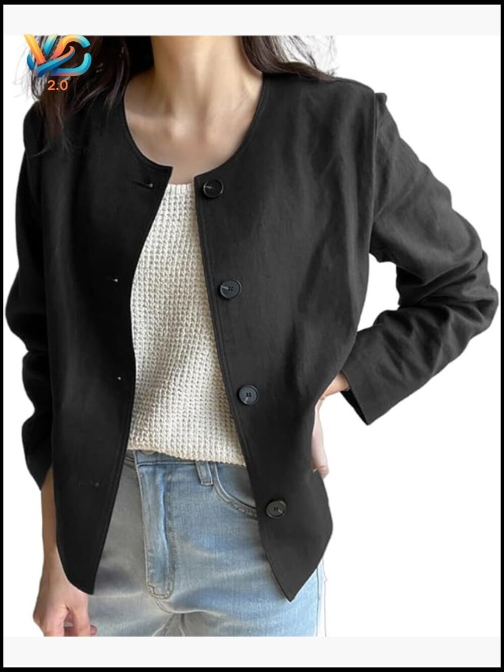 Lightweight Linen Blazer Cardigan Long Sleeve Crewneck Casual Jacket